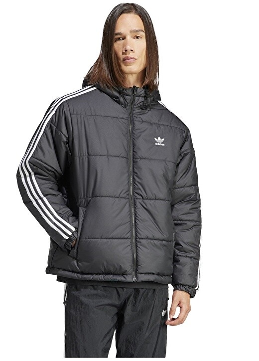 

Черно-зеленое мужское пальто с воротником с капюшоном Adidas, Черный