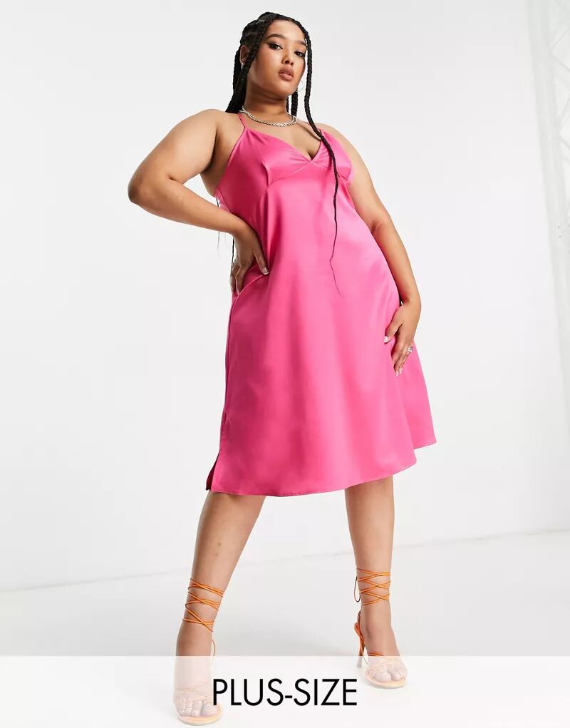 Ярко-розовое атласное платье миди с бретелями Extro & Vert