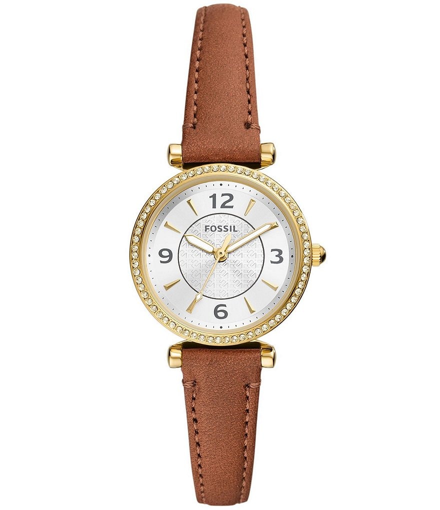 цена Женские часы Fossil Carlie с тремя стрелками, средний коричневый кожаный ремешок, коричневый