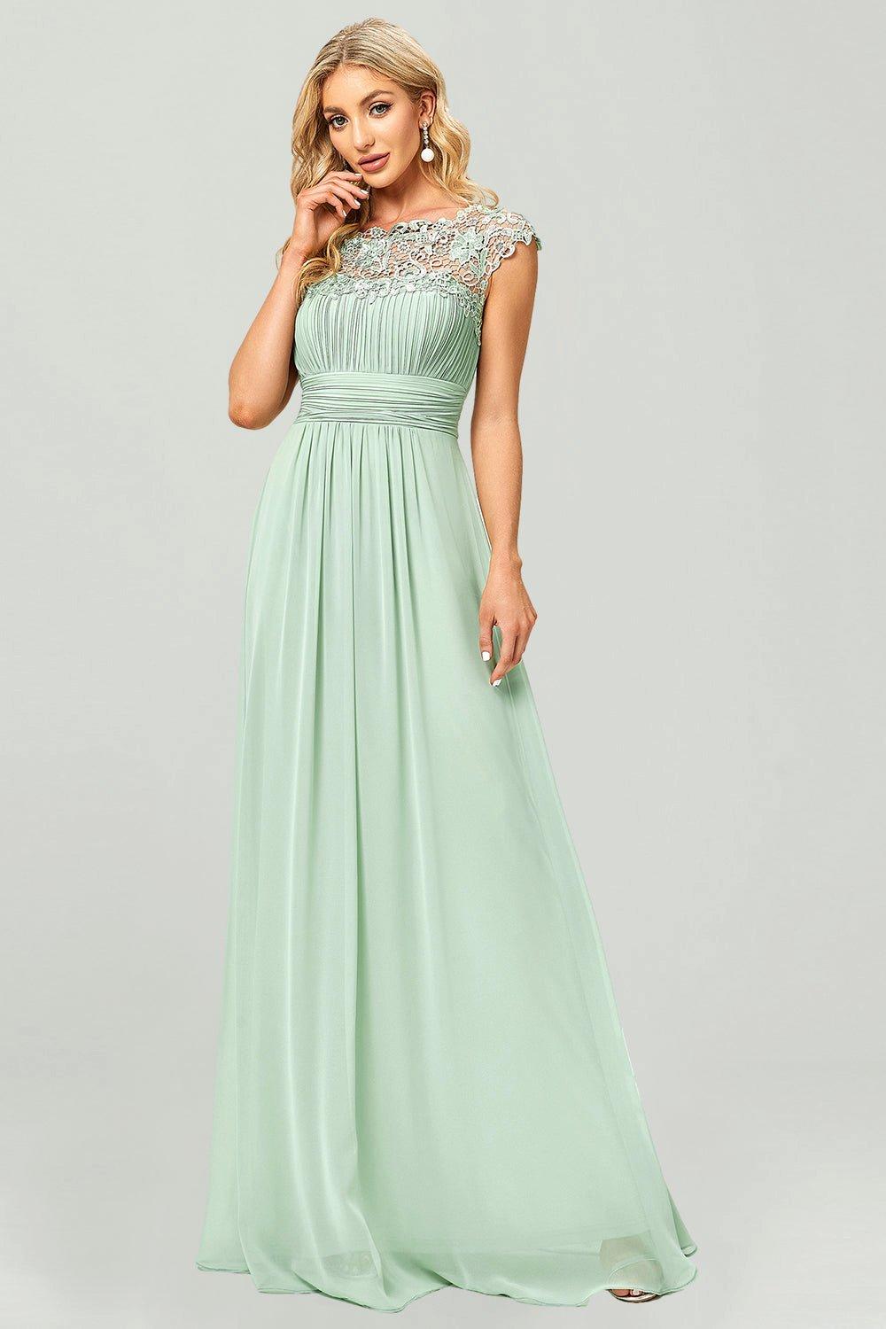 Пышное вечернее платье из шифона и кружева трапеции для свадьбы с короткими рукавами Ever Pretty, зеленый