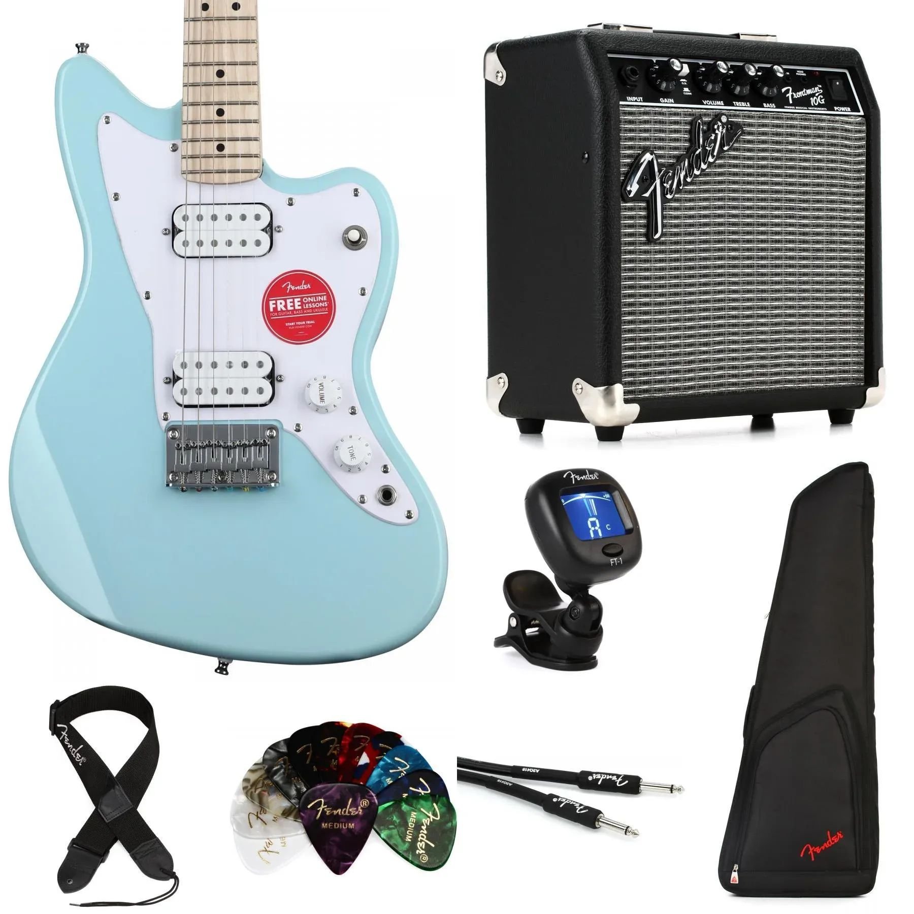 

Комплект электрогитары Squier Mini Jazzmaster HH и Fender Frontman, 10 амперов Essentials — Daphne Blue