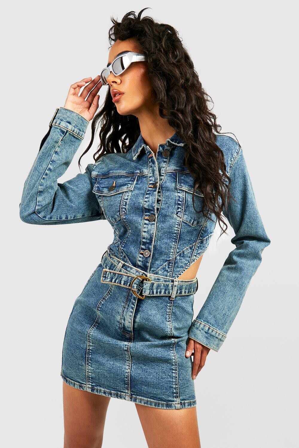 

Мини-юбка из денима винтажного оттенка с поясом Boohoo, синий