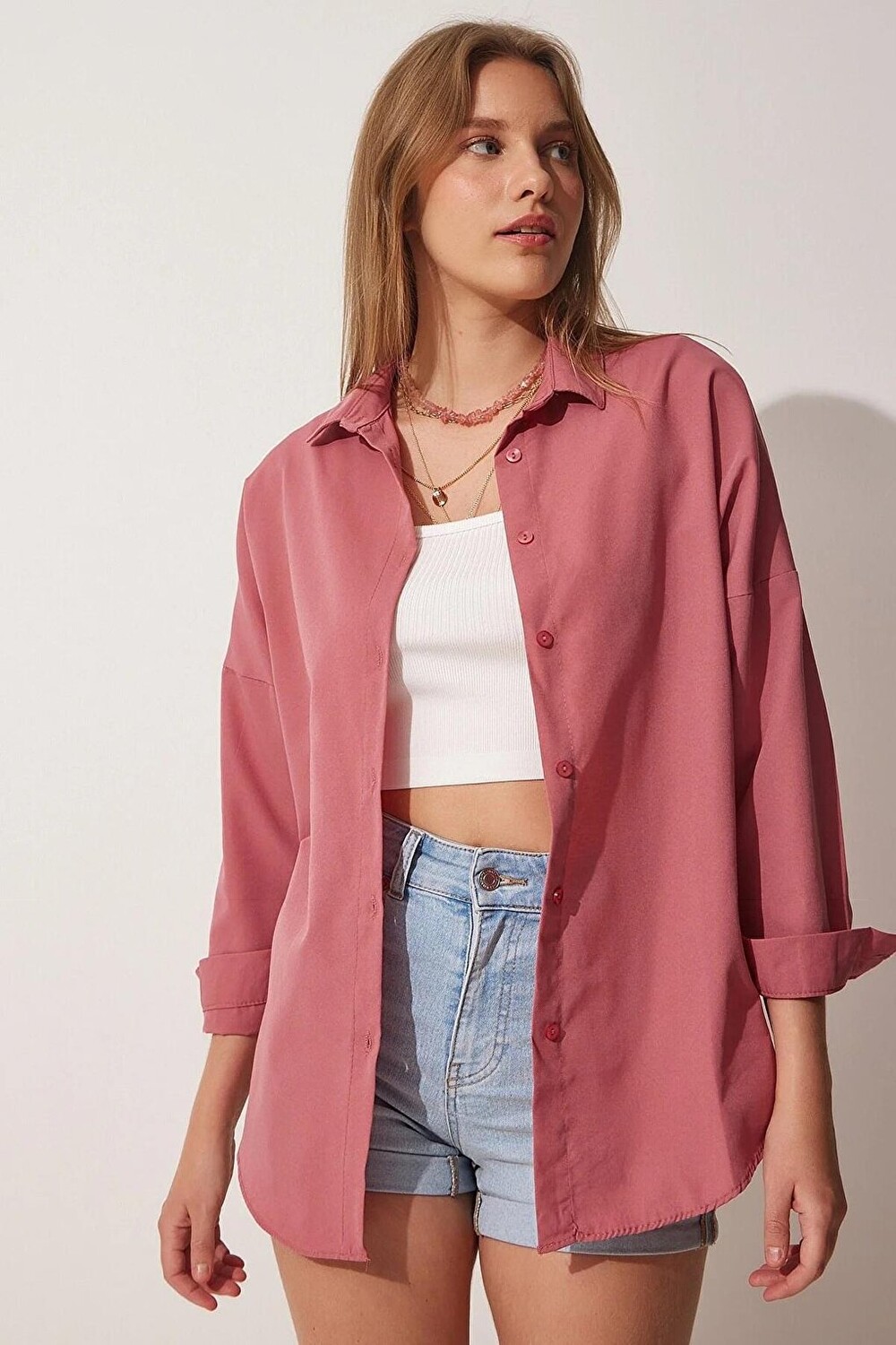 

Женская однотонная рубашка большого размера Dusty Rose Araboy Basic Z Giyim