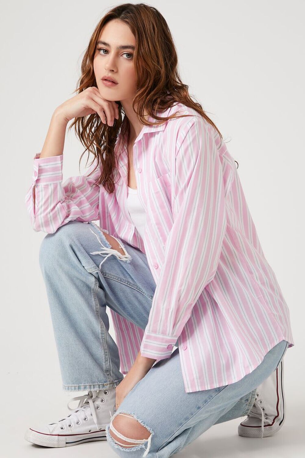 

Рубашка из поплина в полоску оверсайз Forever 21, розовый