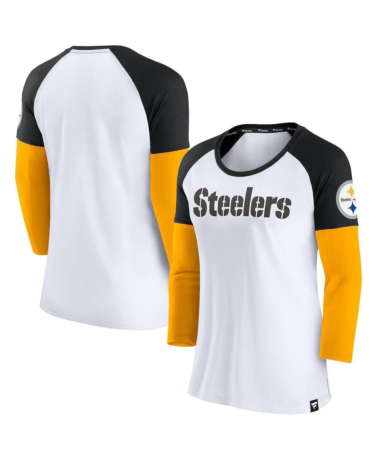 

Женская фирменная бело-черная футболка Pittsburgh Steelers Durable реглан с рукавами 3/4 Fanatics