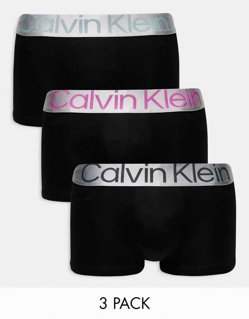 

Черные хлопковые трусы из трех пар Calvin Klein Steel с поясом разных цветов