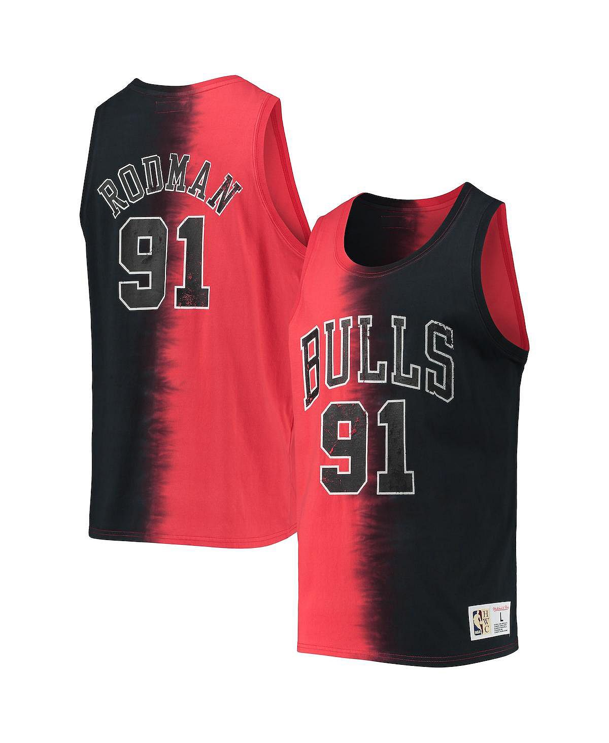 

Мужская майка Dennis Rodman черно-красного цвета Chicago Bulls Hardwood Classics с названием и номером тай-дай Mitchell & Ness