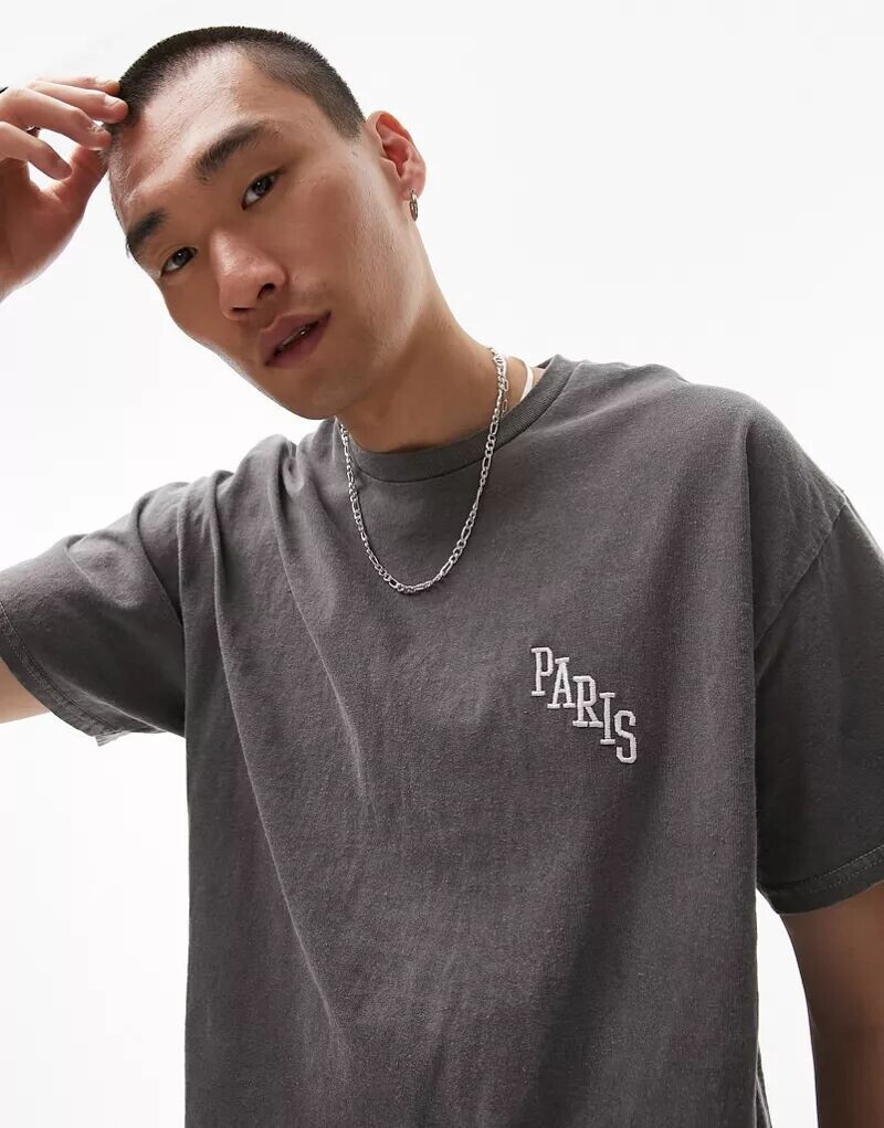 

Черная футболка оверсайз Topman с вышивкой «Париж»