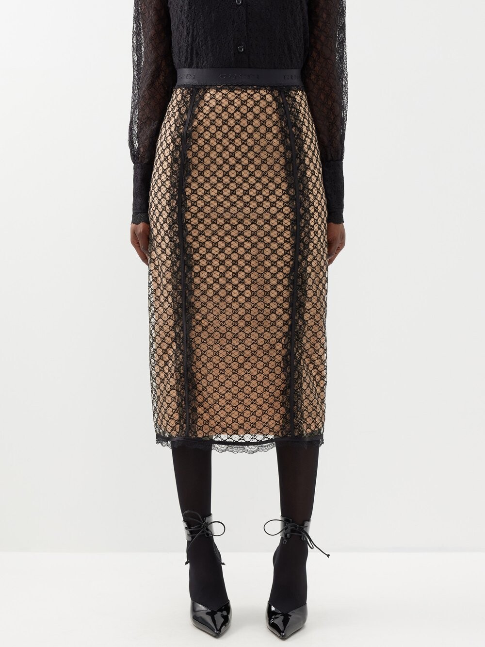 

Юбка миди из смесового хлопка с кружевом gg supreme Gucci, черный