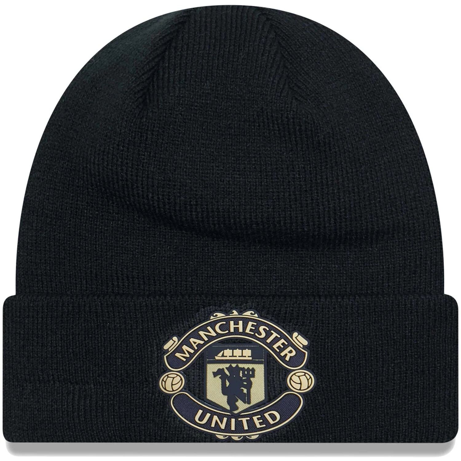 

Мужская черная вязаная шапка с манжетами New Era Manchester United черно-золотого цвета