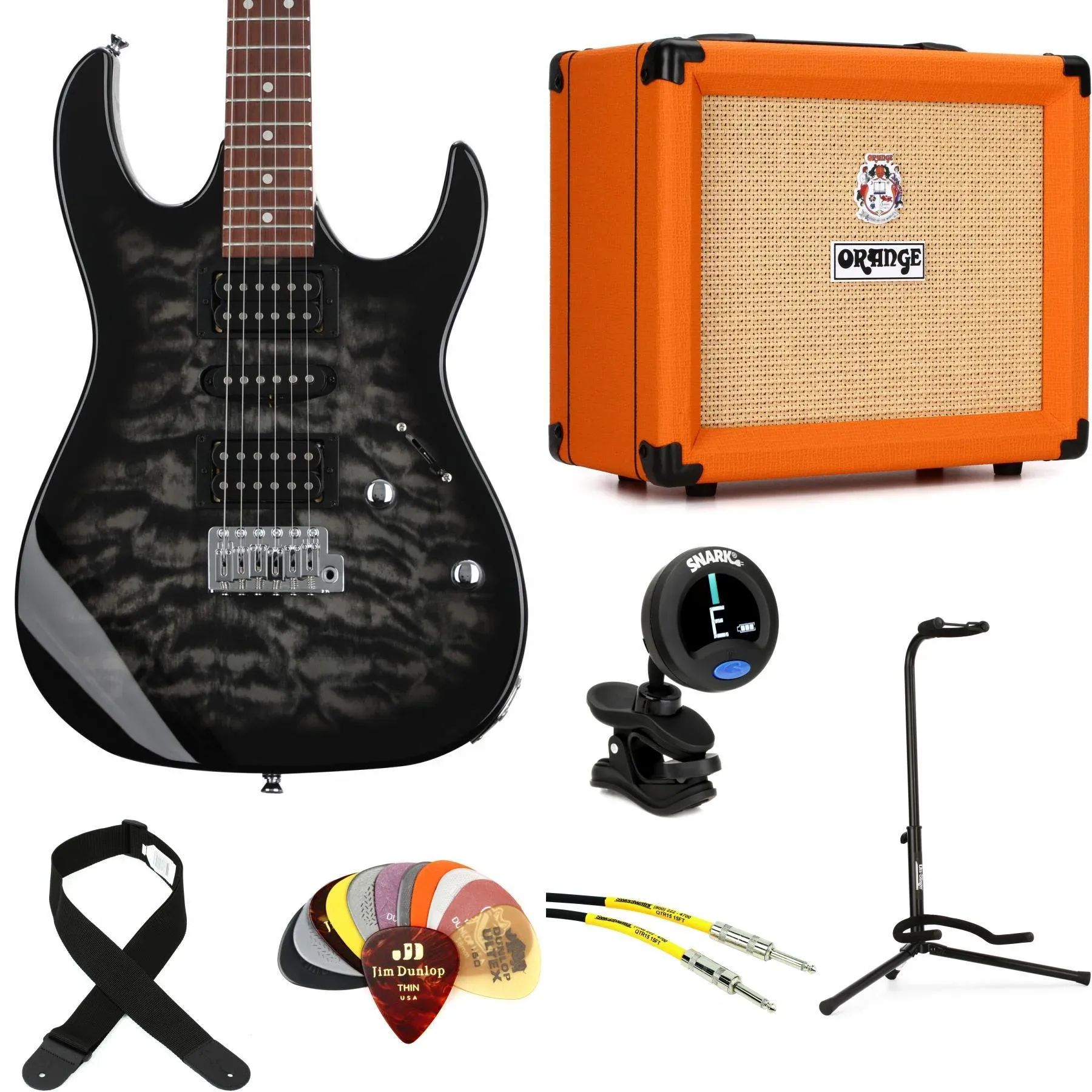 

Электрогитара Ibanez Gio GRX70QA и комплект аксессуаров Orange Crush, 20 Amp Essentials — Transparent Black Burst