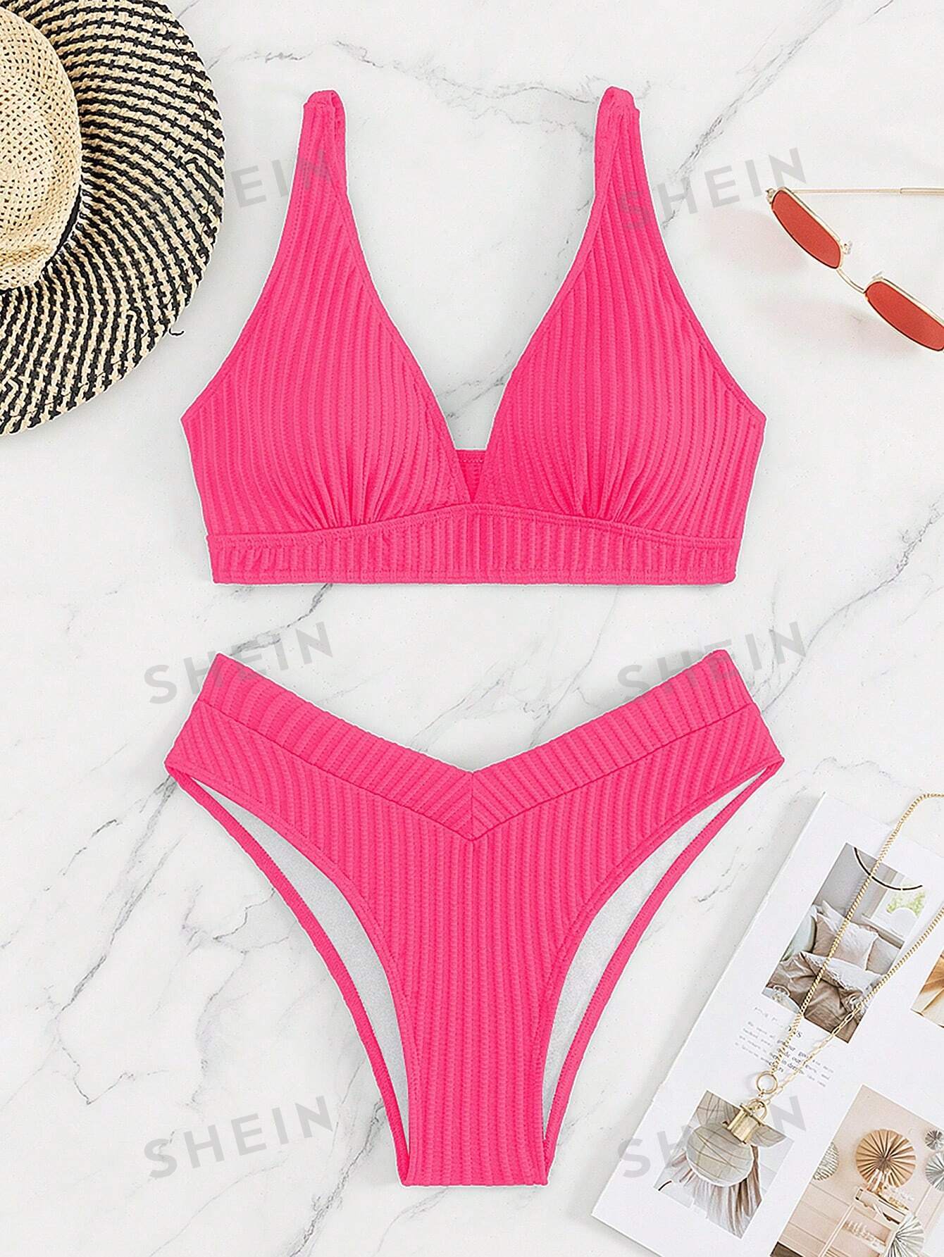 цена SHEIN Swim Basics Женский цельный купальник однотонного дизайна в полоску, ярко-розовый
