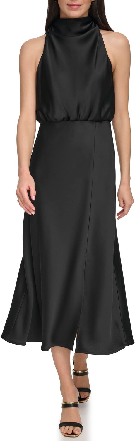 

Атласное платье миди без рукавов DKNY, черный