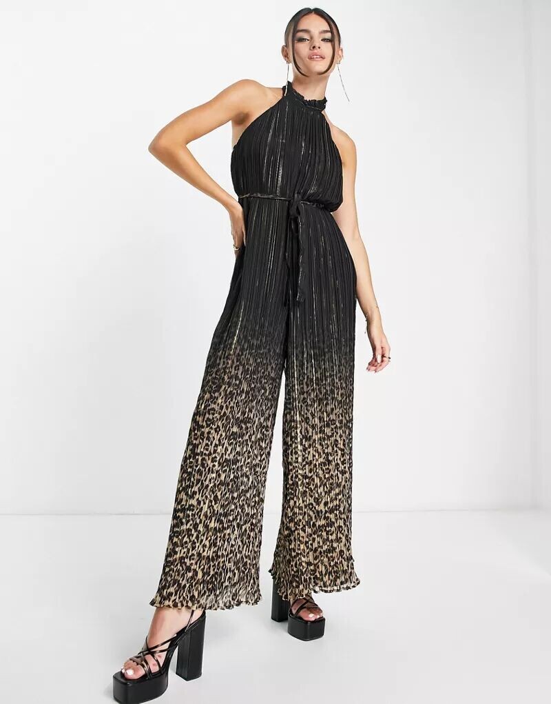 

Черный плиссированный комбинезон с воротником-халатером River Island