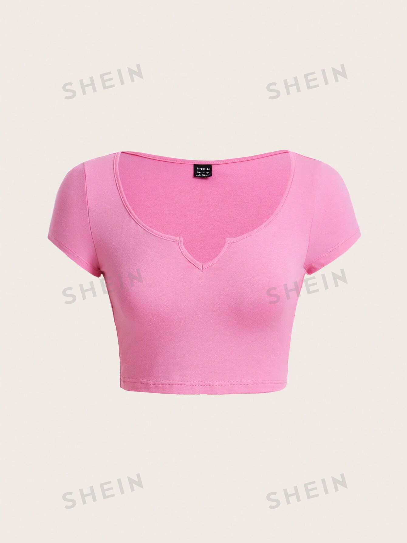 цена SHEIN BASICS Женская однотонная короткая укороченная футболка с вырезом, розовый