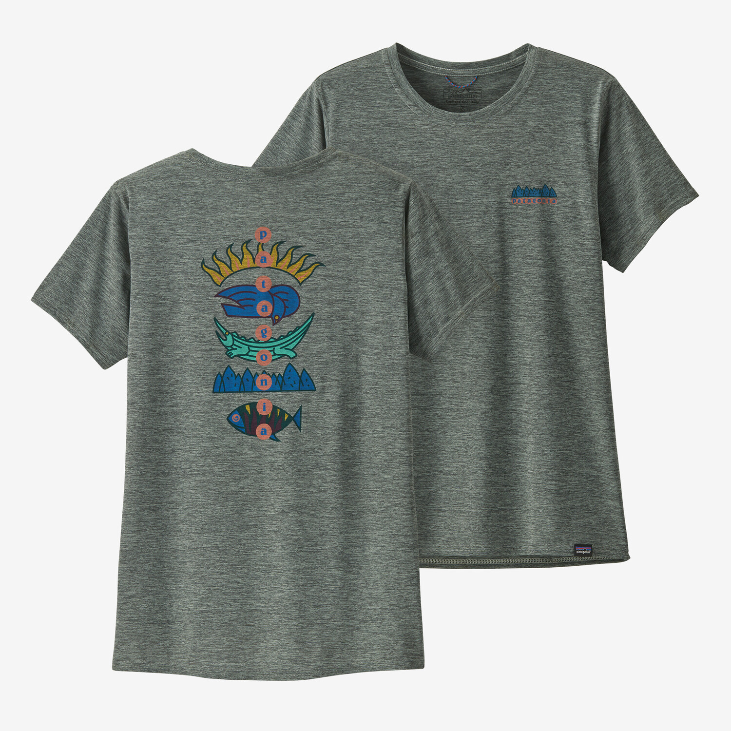 

Женская рубашка Capilene Cool с графическим рисунком на каждый день Patagonia, цвет Fitz Roy Wild: Sleet Green X-Dye