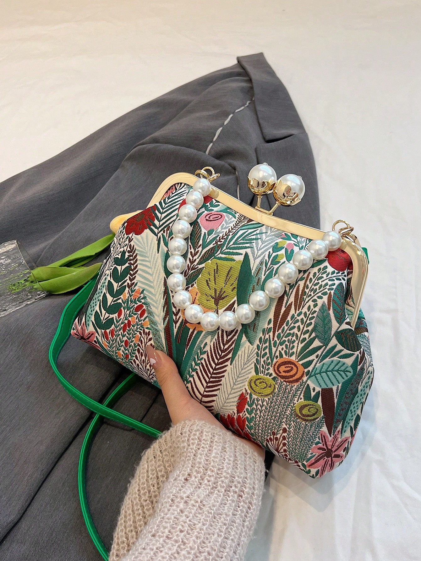 Женская ручная сумка с жемчужной застежкой, зеленый женская модная атласная резинка для волос с цветочным принтом