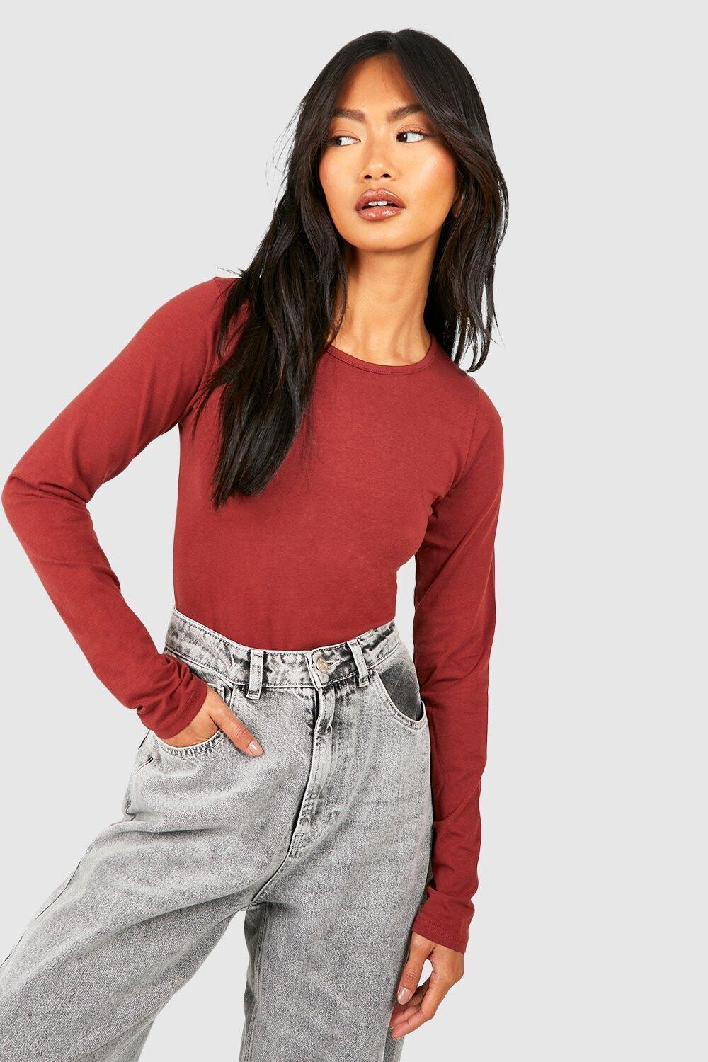 

Базовое хлопковое боди с круглым вырезом и длинными рукавами boohoo, красный