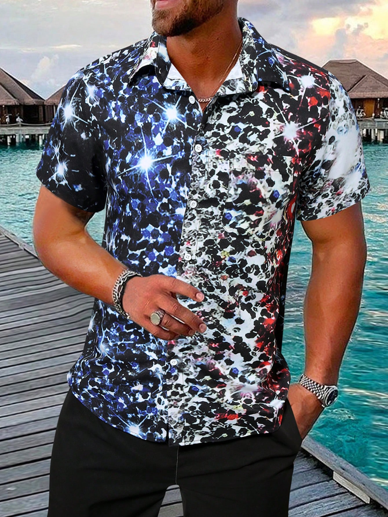 Мужская рубашка Manfinity RSRT с коротким рукавом и принтом в стиле пэчворк, многоцветный мужская рубашка с длинным рукавом в клетку в стиле пэчворк