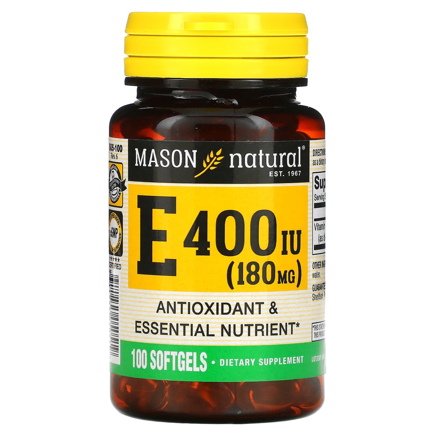 

Витамин E, 180 мг (400 МЕ), 100 мягких таблеток, Mason Natural