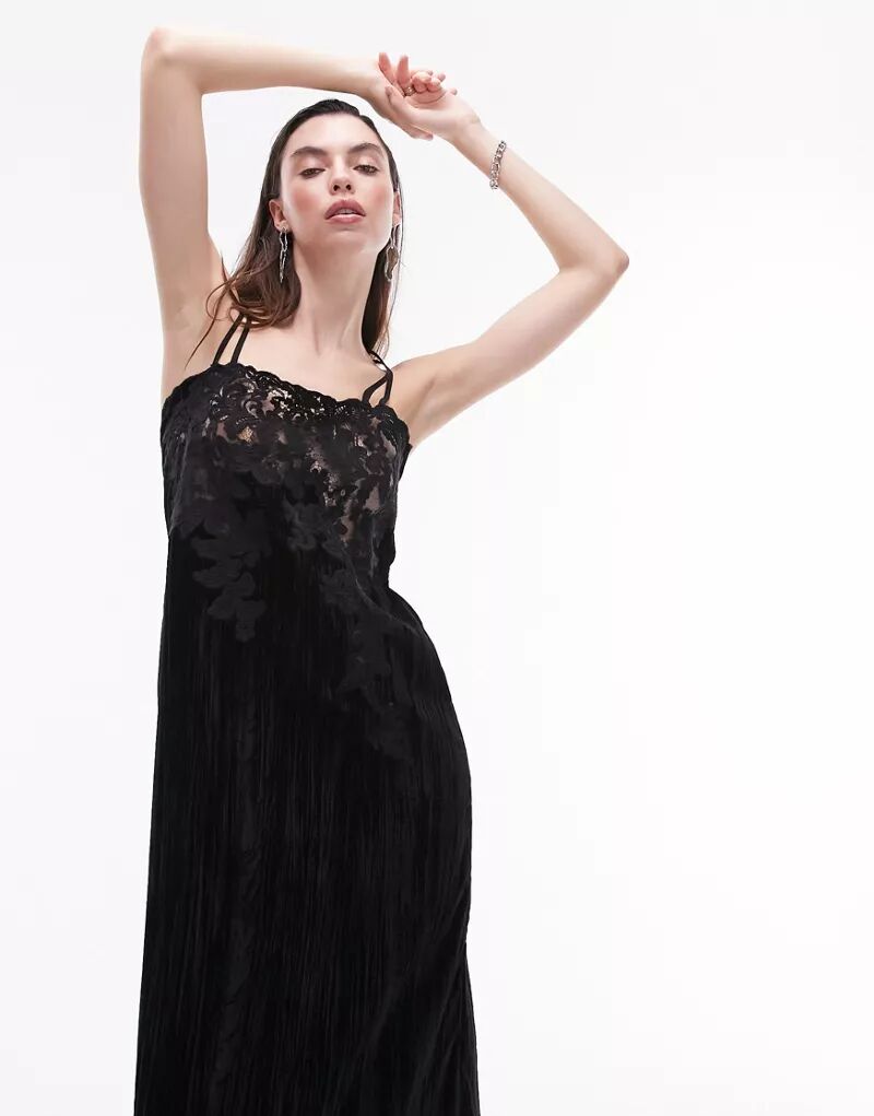 Черное платье-комбинация миди из бархата и кружева Topshop платье комбинация из бархата chontell бежевый