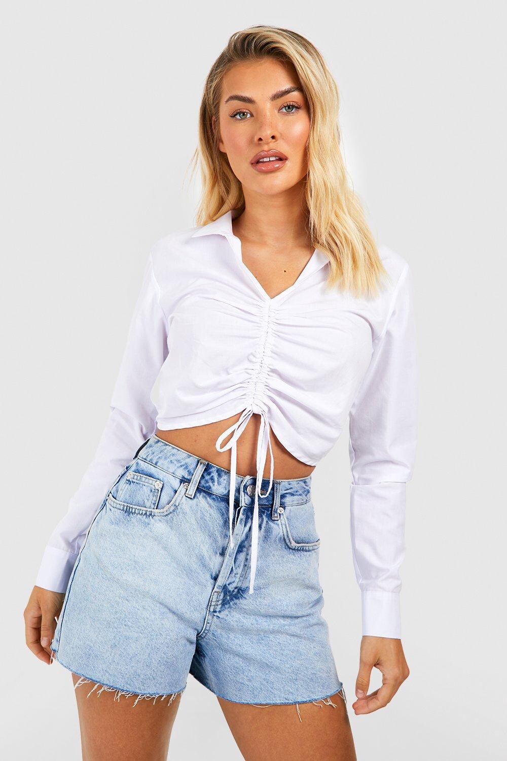 

Укороченная рубашка со собирами Boohoo, белый