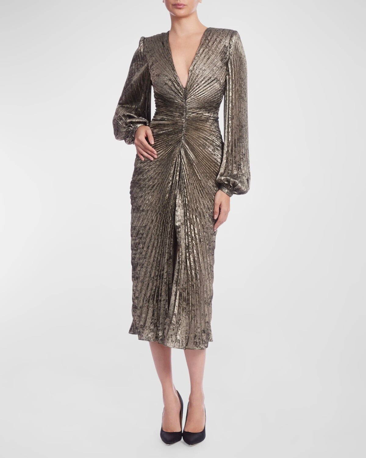 

Плиссированное платье миди с блузкой и рукавами металлик Badgley Mischka Collection, цвет Pewter