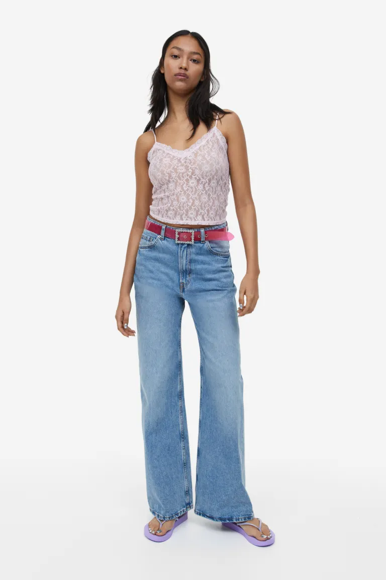

Прозрачный кружевной топ на бретелях H&M, розовый