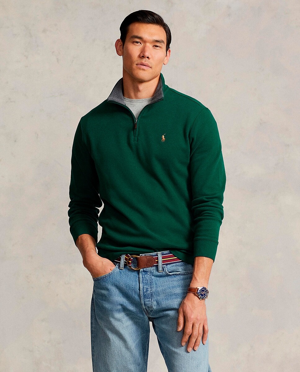 

Мужской хлопковый свитер с высоким воротником и застежкой-молнией Polo Ralph Lauren, темно-зеленый