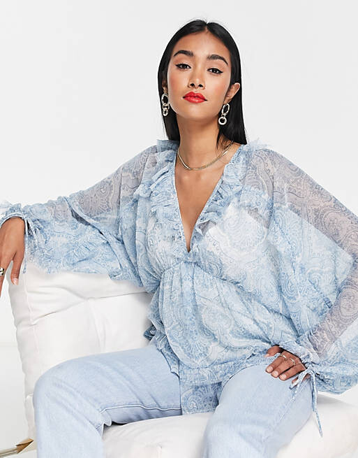 

Синяя блузка с рюшами и объемными рукавами ASOS DESIGN