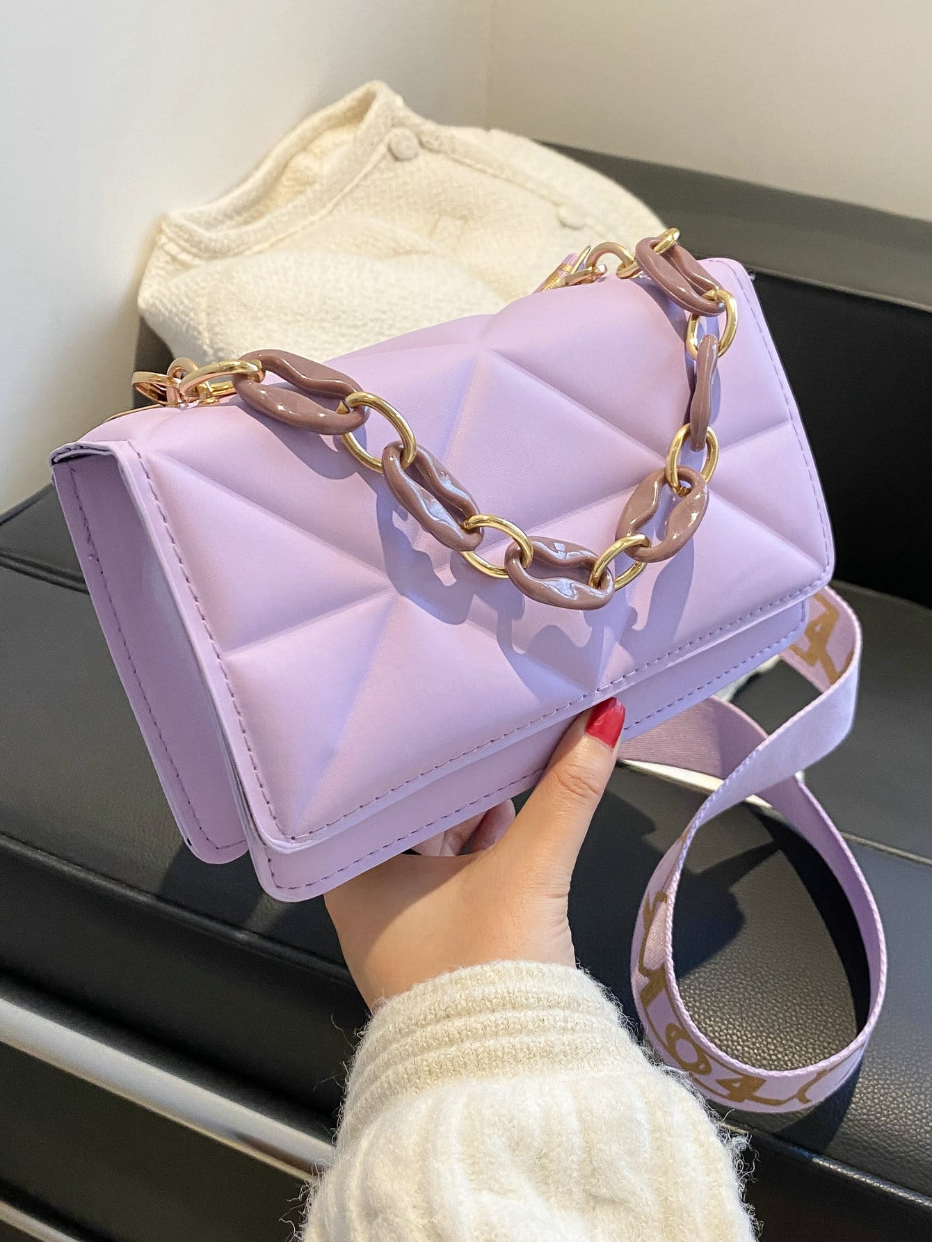 Миниатюрная стеганая квадратная сумка с цепочкой и клапаном, фиолетовый