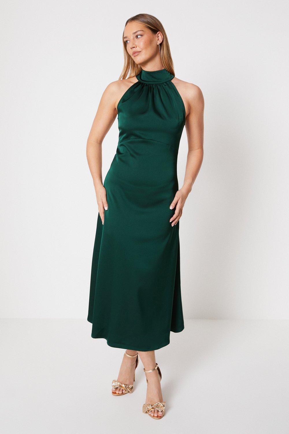 Атласное платье миди с вырезом через шею Oasis, зеленый миниатюрное атласное платье миди с вырезом через шею и бретелькой oasis зеленый