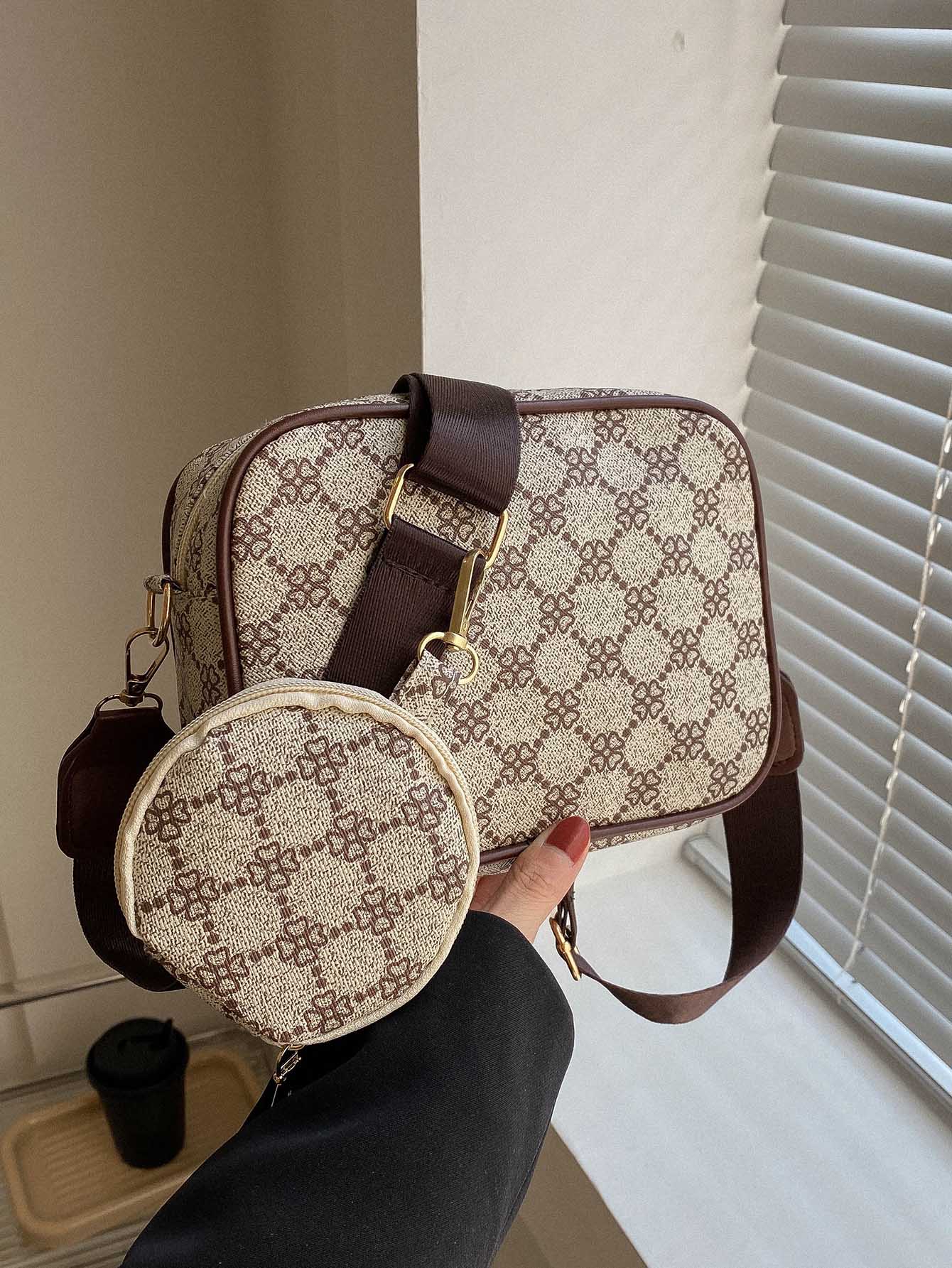 Мини-квадратная сумка с геометрическим узором и портмоне для монет Квадратная сумка в стиле ретро, хаки