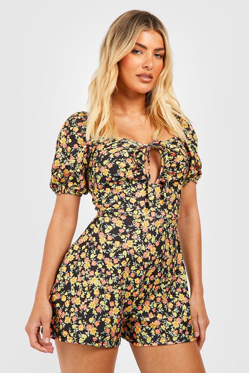 

Комбинезон с цветочными рукавами Boohoo, черный