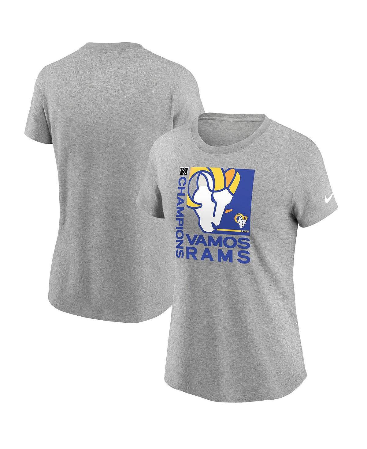 

Женская серая футболка с лозунгом команды NFC Champions Los Angeles Rams 2021 Nike