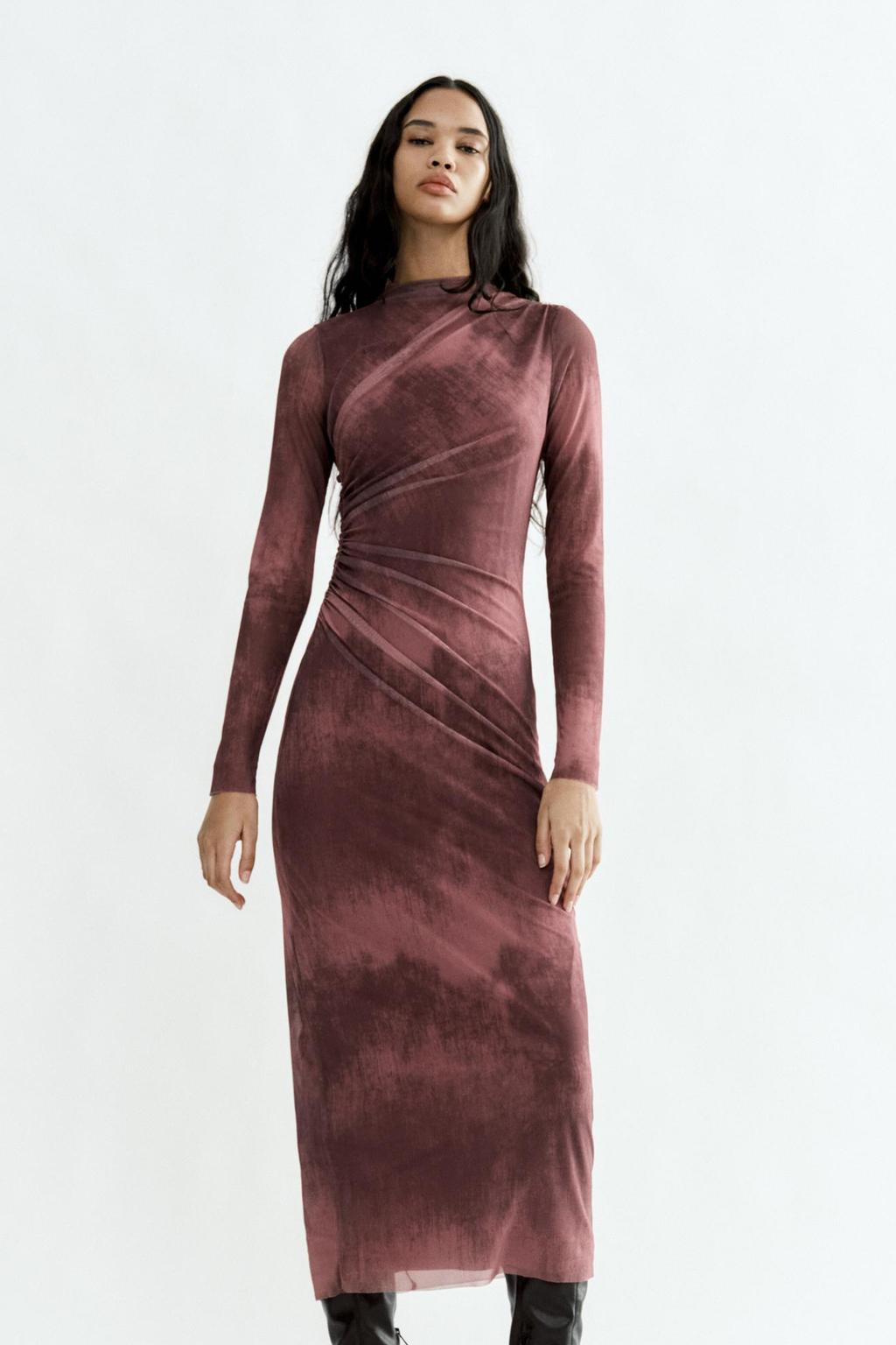 Платье с драпированным тюлевым принтом ZARA, розовый/сиреневый