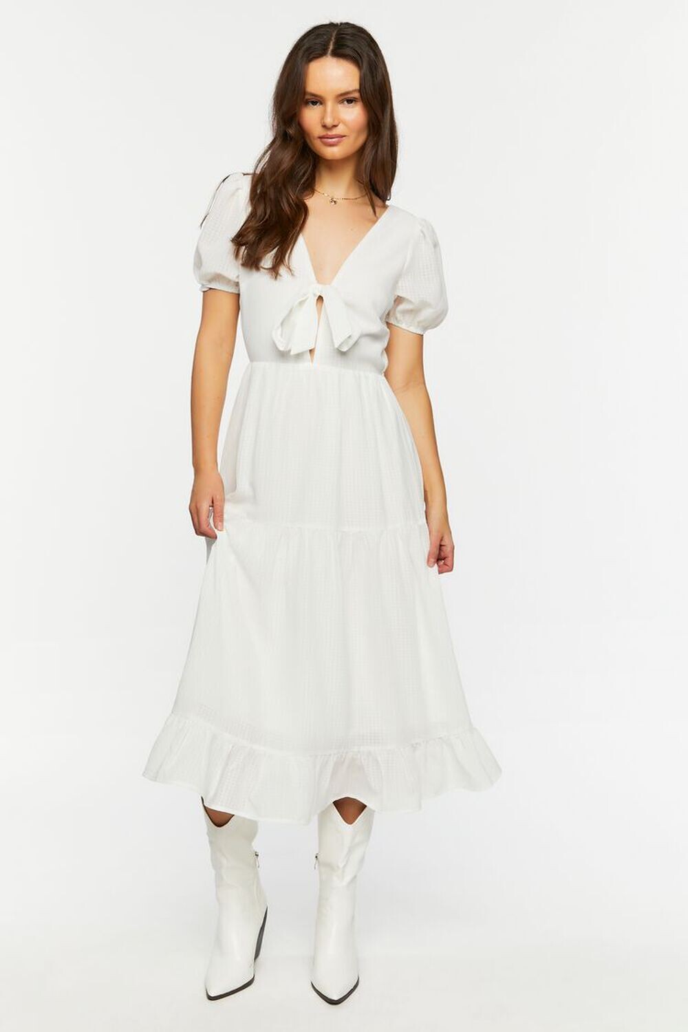 

Многоярусное платье миди из шифона в мелкую клетку Forever 21, белый