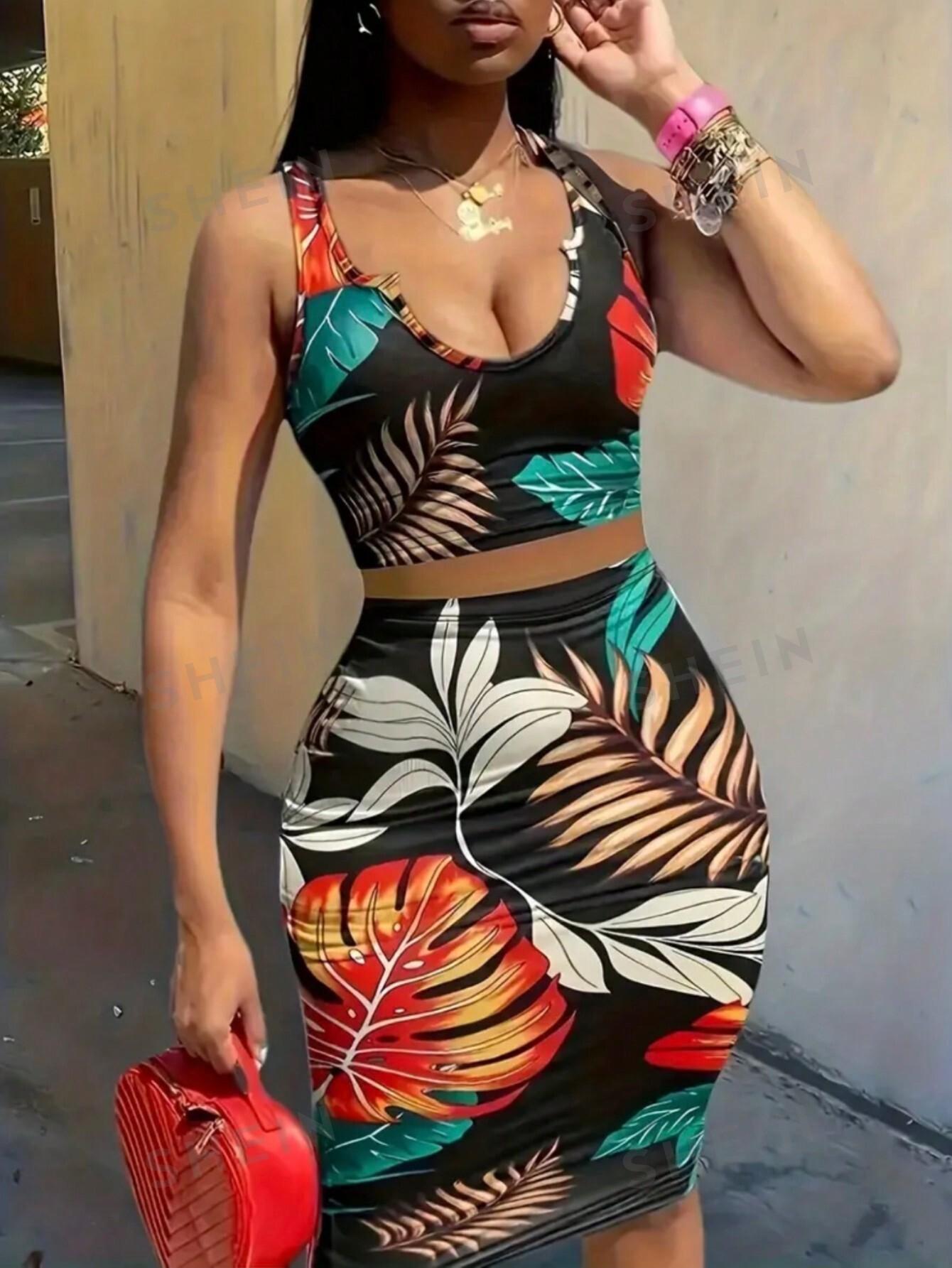 SHEIN Slayr Облегающий жилет с тропическим принтом и облегающая юбка-миди, многоцветный