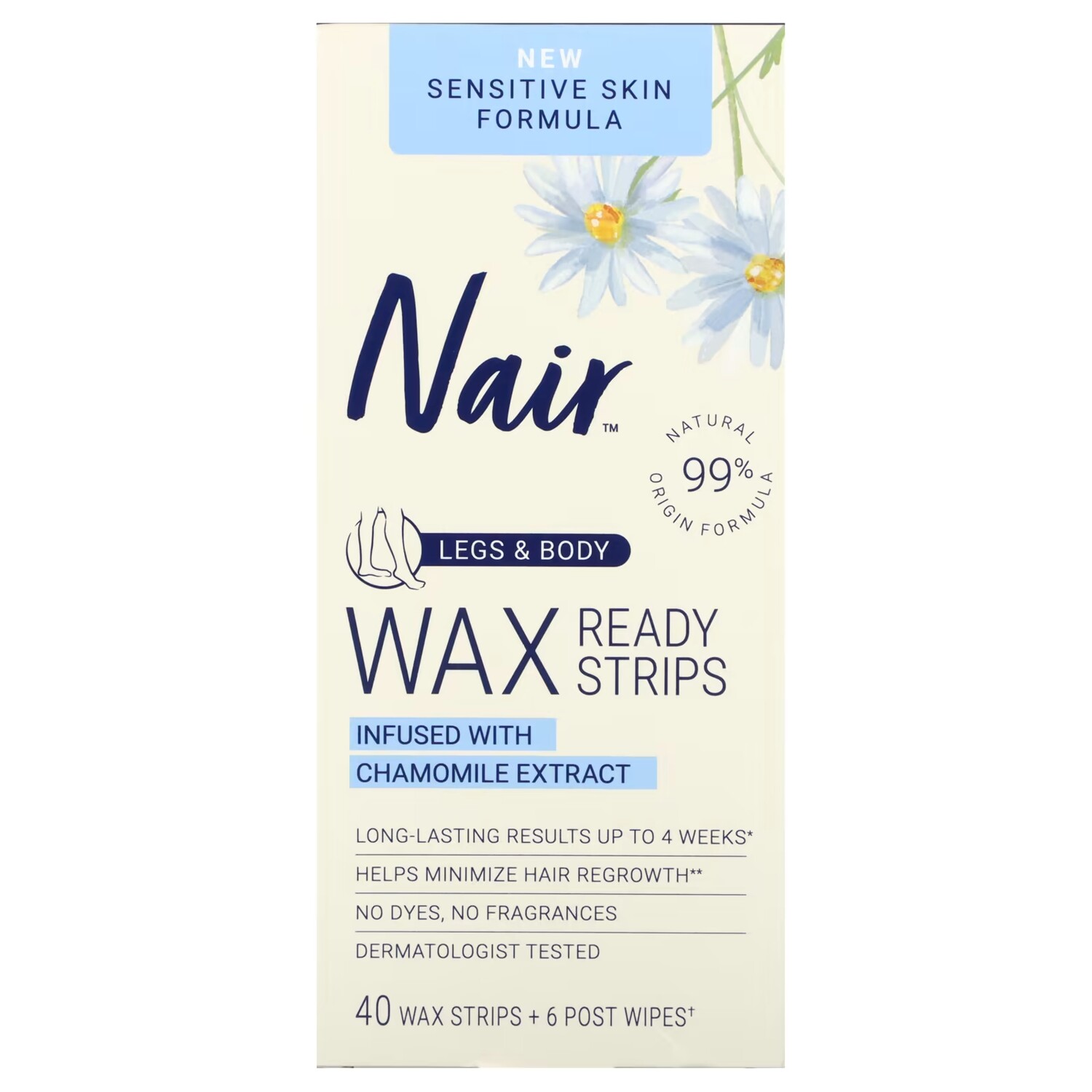 

Восковые полосоки Nair Wax Ready Strips для чувствительной кожи, 40 шт. и 6 салфеток