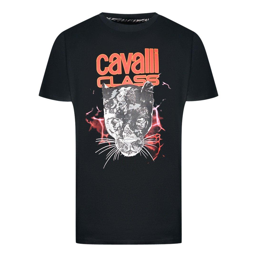 Черная футболка с дизайном Lightning Panther Cavalli Class, черный свитер из смесовой шерсти с животным принтом roberto cavalli цвет peanut butter