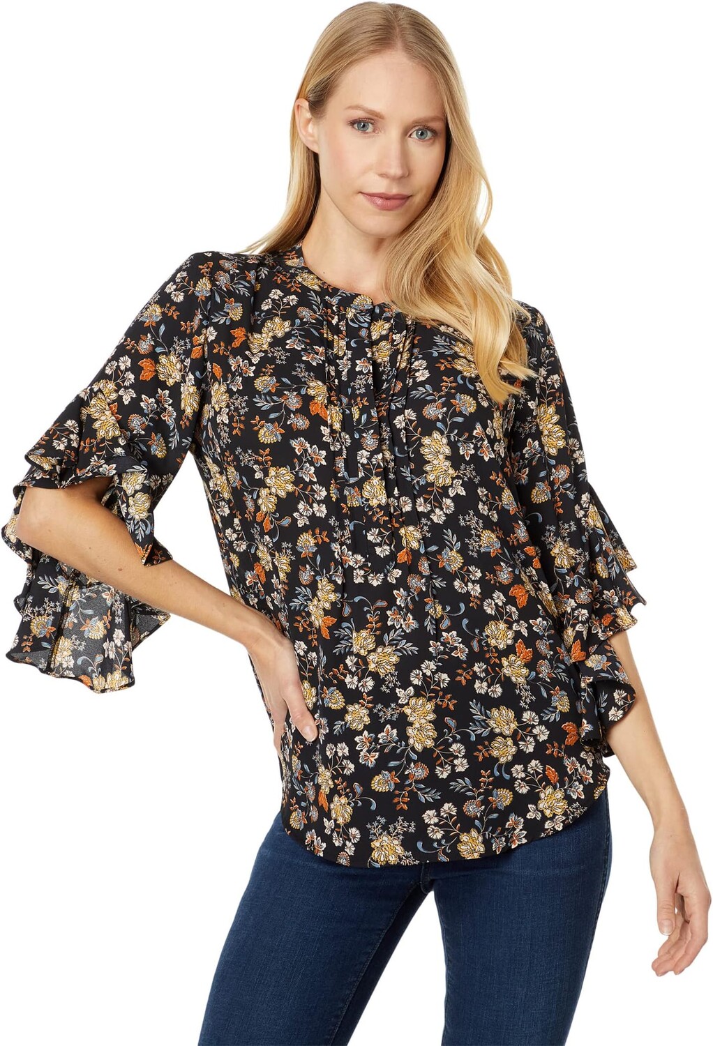 

Блузка Henley с цветочным принтом и развевающимися рукавами Vince Camuto, цвет Rich Black