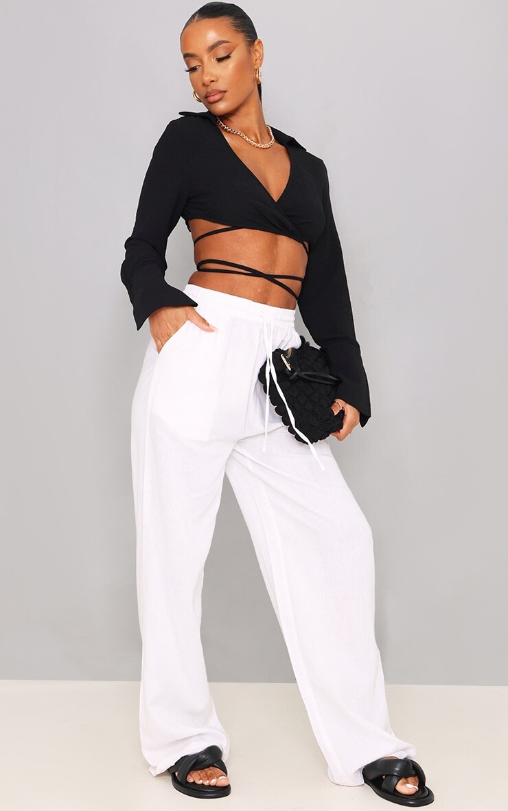 

PrettyLittleThing Белые льняные эластичные широкие брюки на кулиске