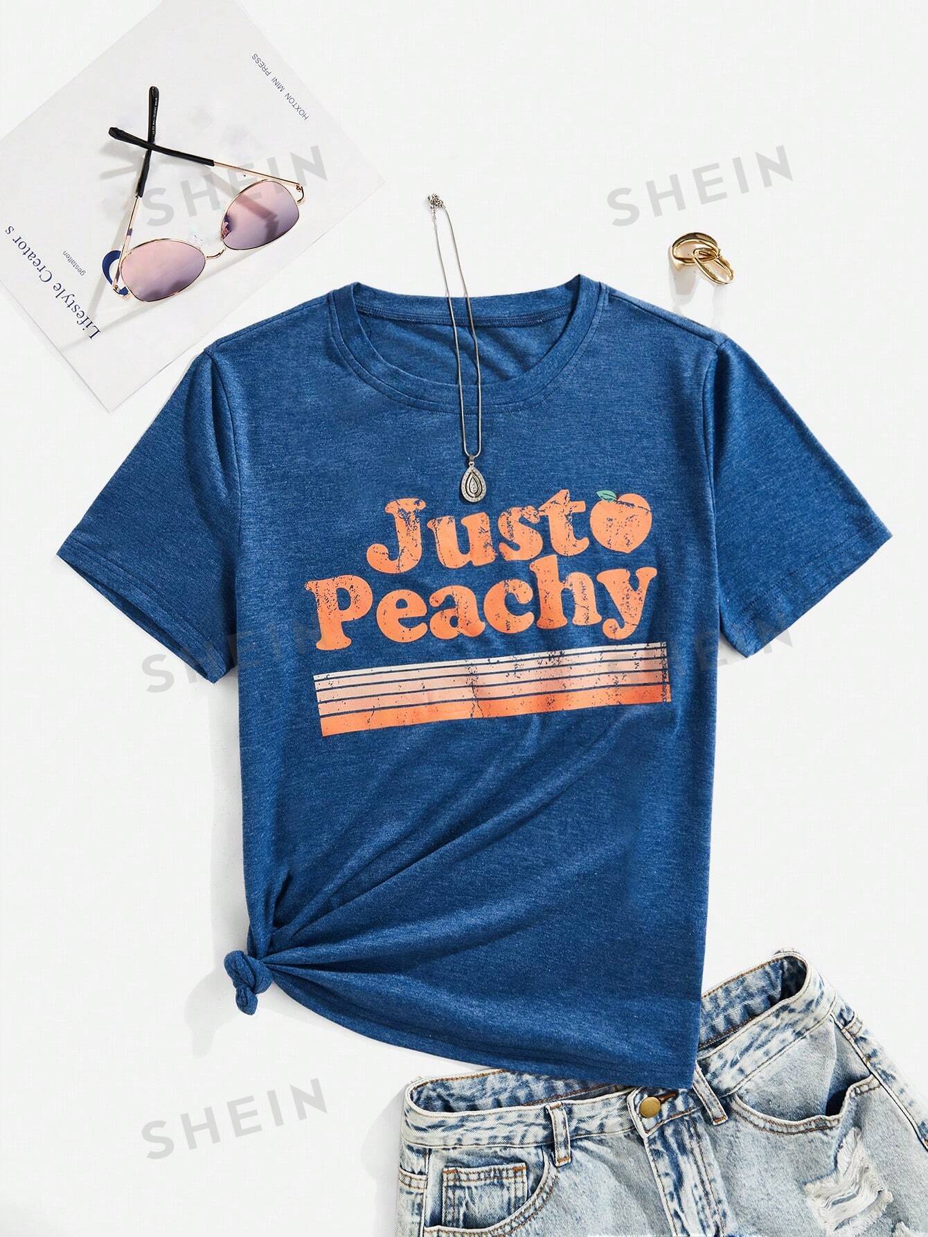 SHEIN VCAY Женская футболка с коротким рукавом и буквенным принтом, королевский синий