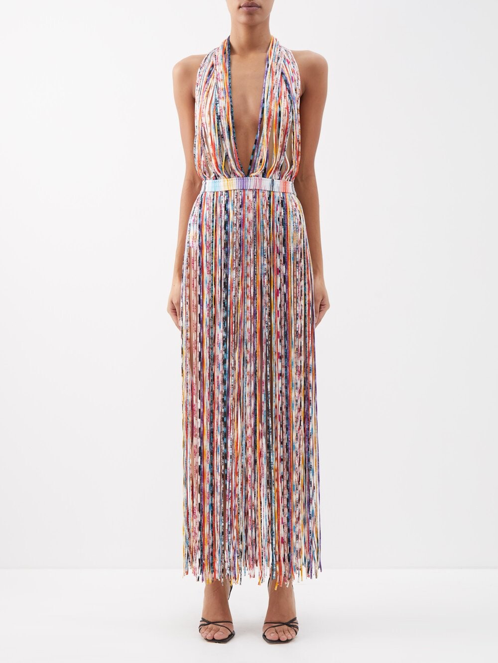 

Платье макси с воротником халтер и бахромой Missoni, мультиколор
