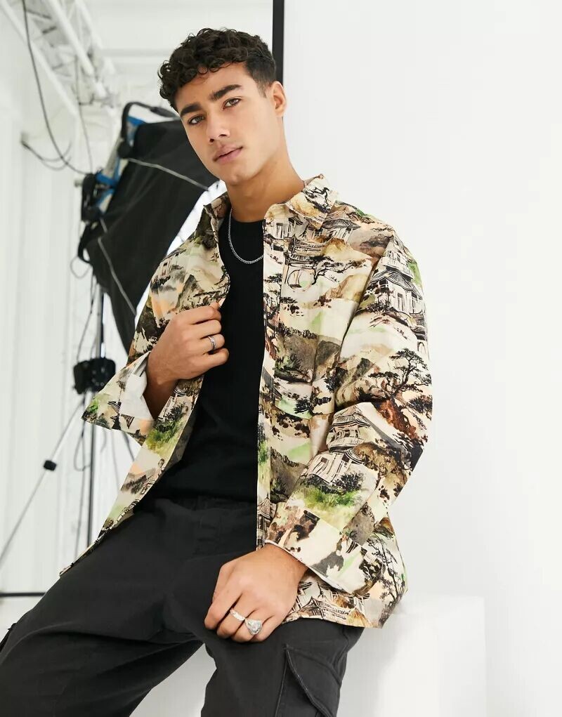 

Бежевая флисовая рубашка с длинными рукавами и рисунком River Island