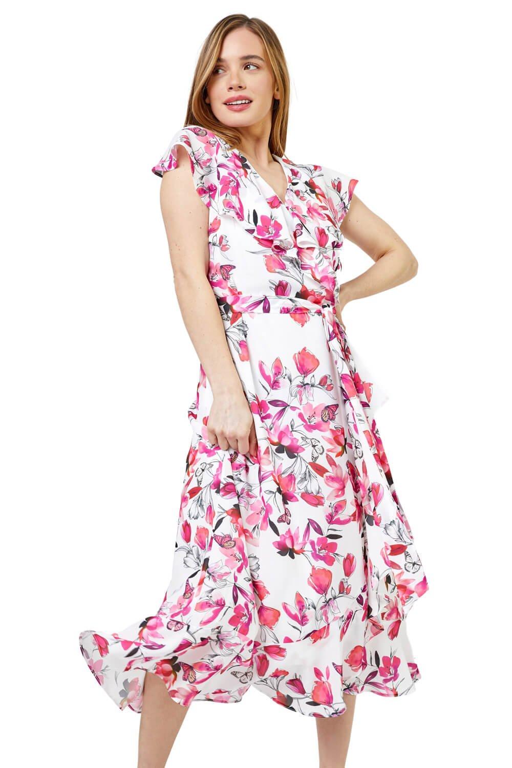 Миниатюрное шифоновое платье с запахом и оборками с цветочным принтом Roman, розовый женское шифоновое платье с коротким рукавом элегантное милое праздничное платье макси с цветочным принтом и v образным вырезом летнее мод