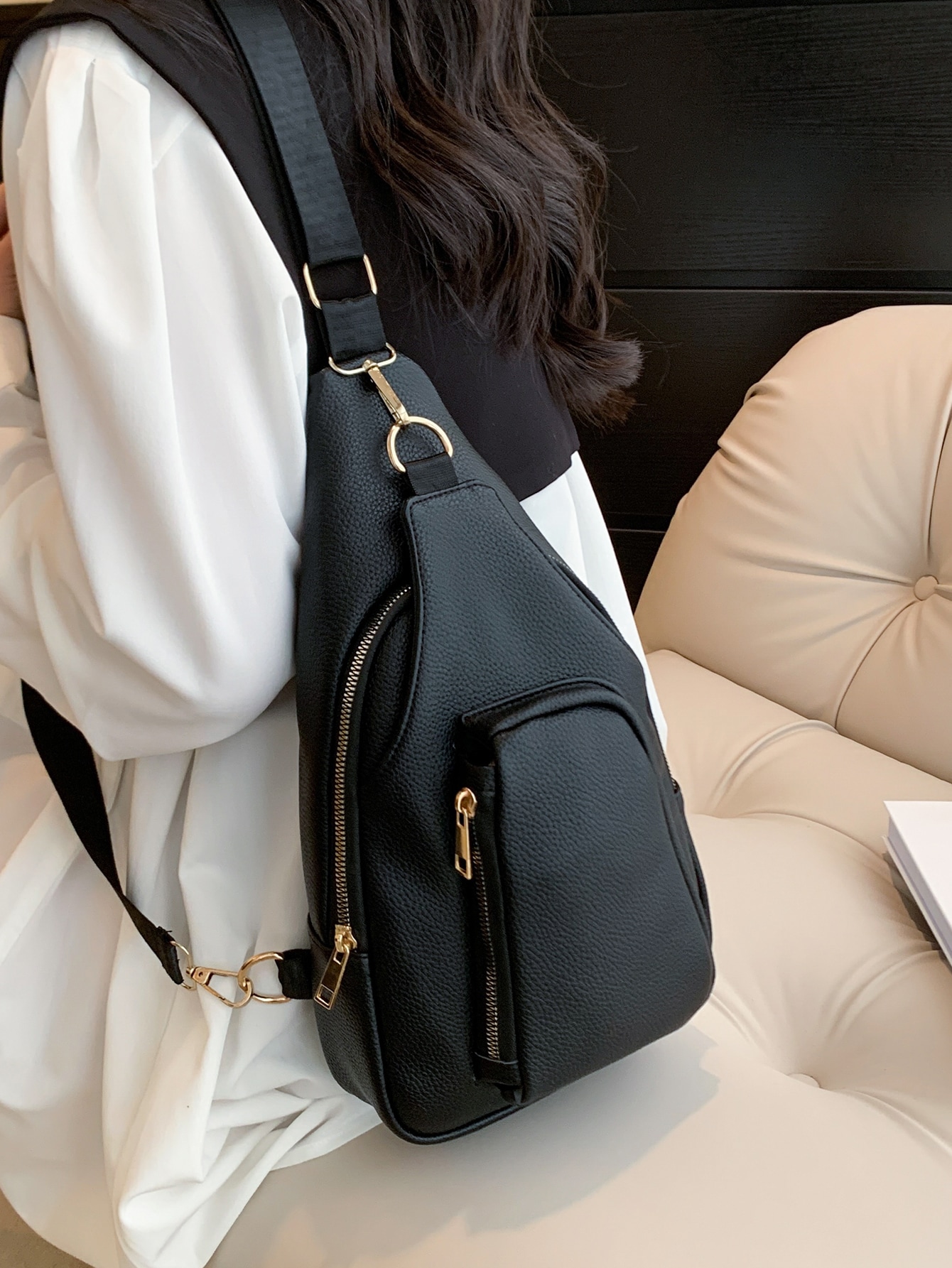 Простая женская сумка-слинг с тиснением личи, черный винтажный рюкзак слинг из натуральной кожи для мужчин ранец через плечо для путешествий пешего туризма нагрудная сумка на ремне