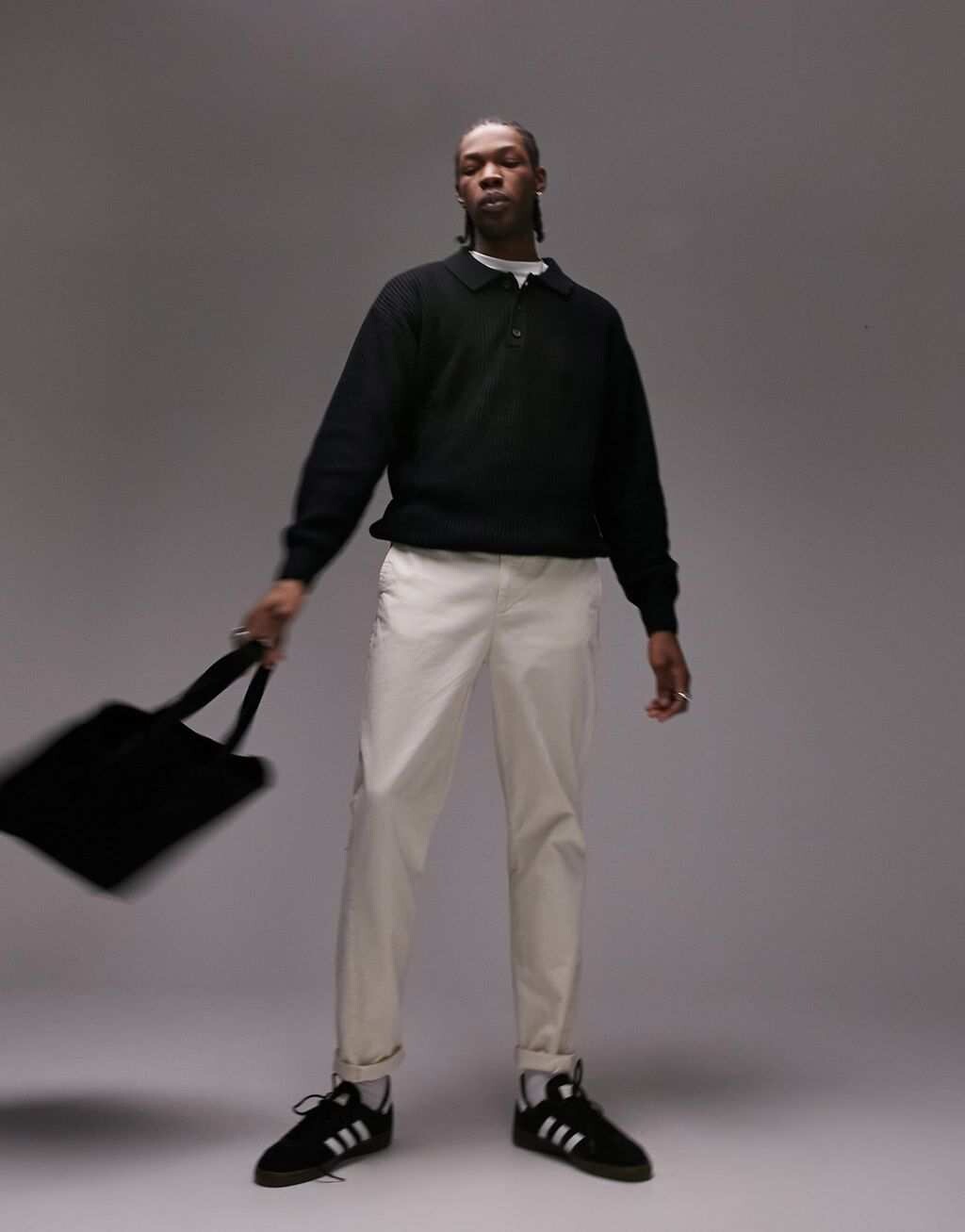 

Черная трикотажная футболка-поло oversize с длинными рукавами Topman