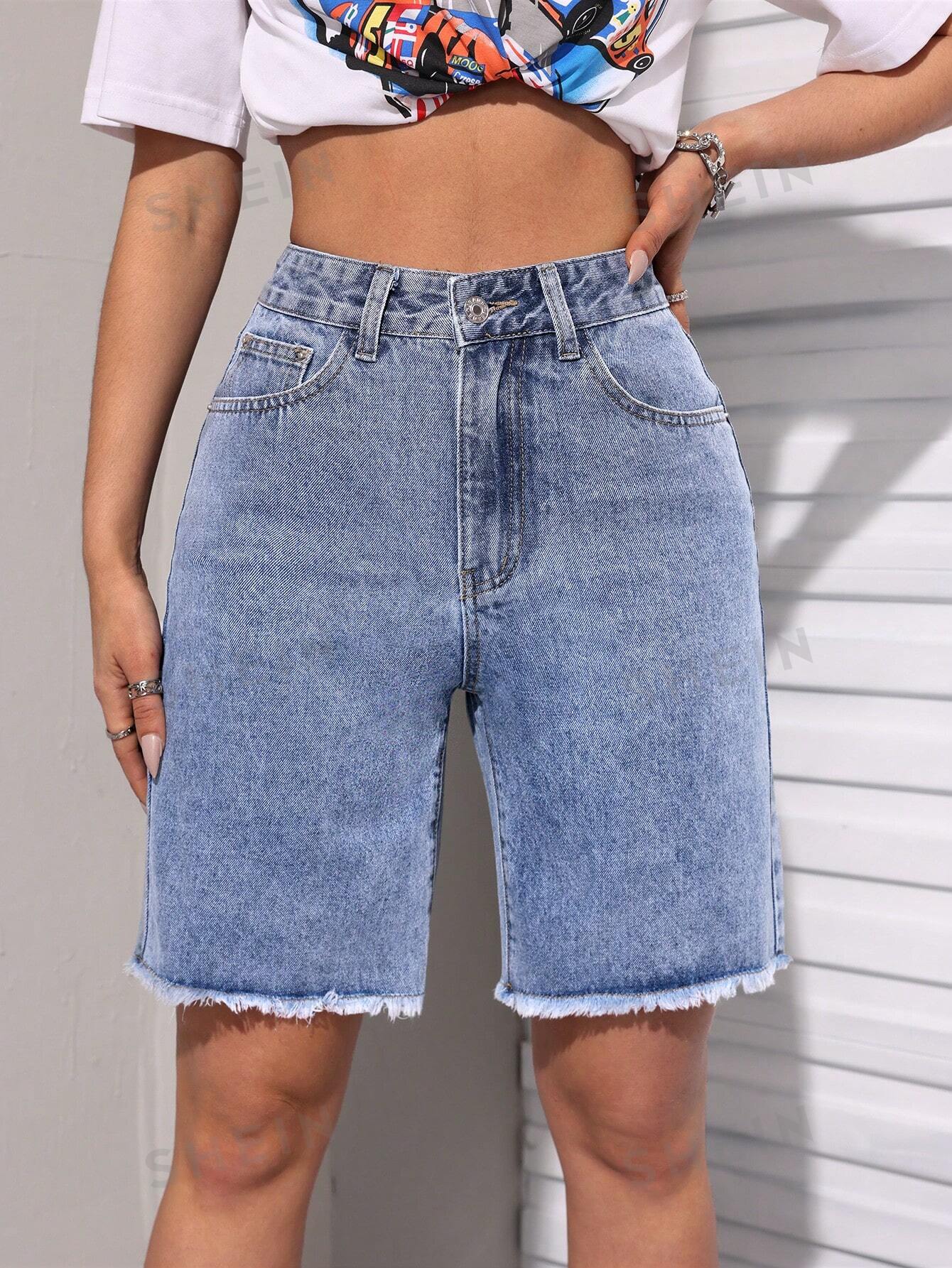SHEIN PETITE Женские джинсовые прямые шорты с необработанным краем, легкая стирка