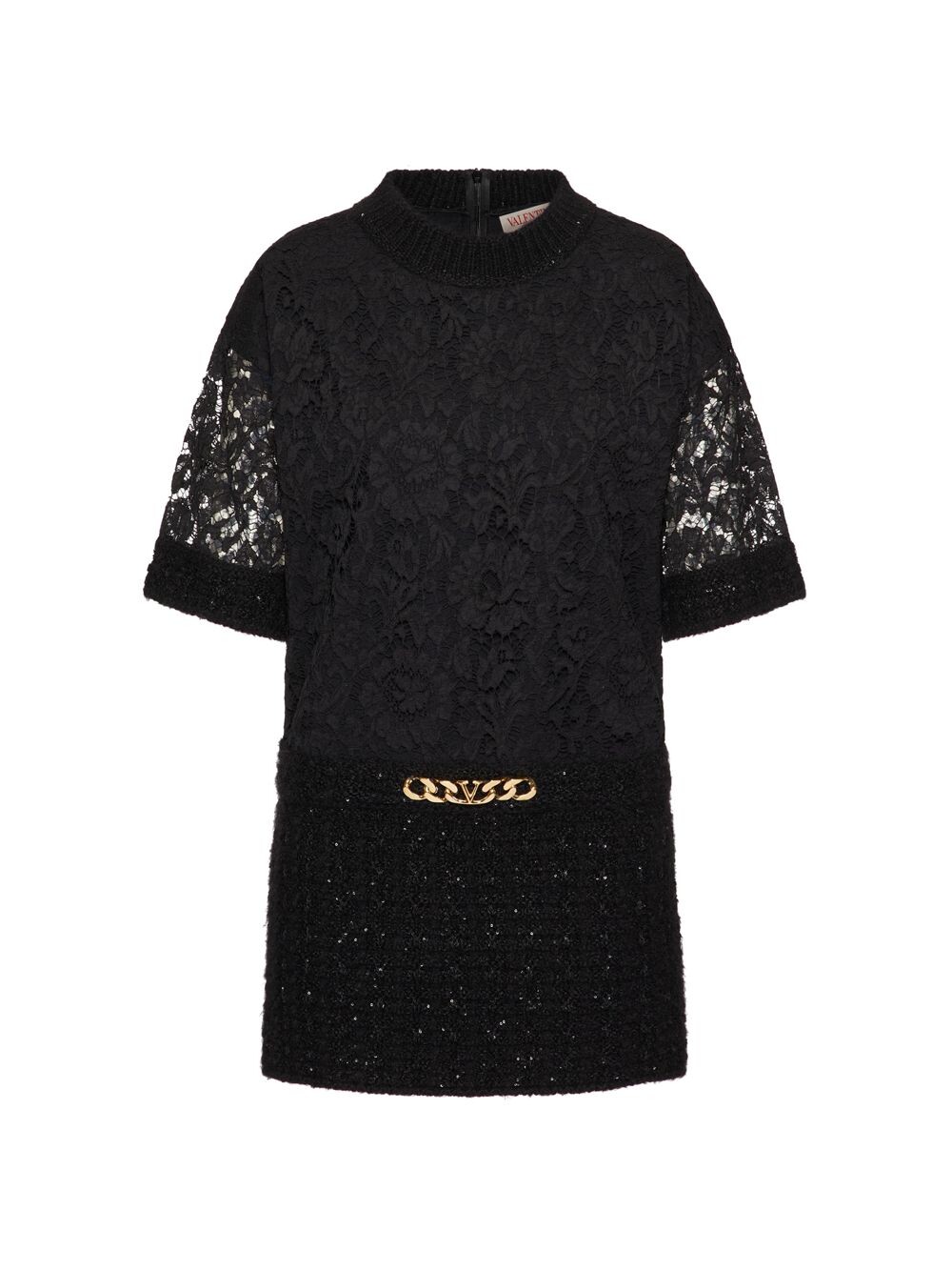 

Короткое платье с цепочкой из мохера и толстого кружева Valentino, черный